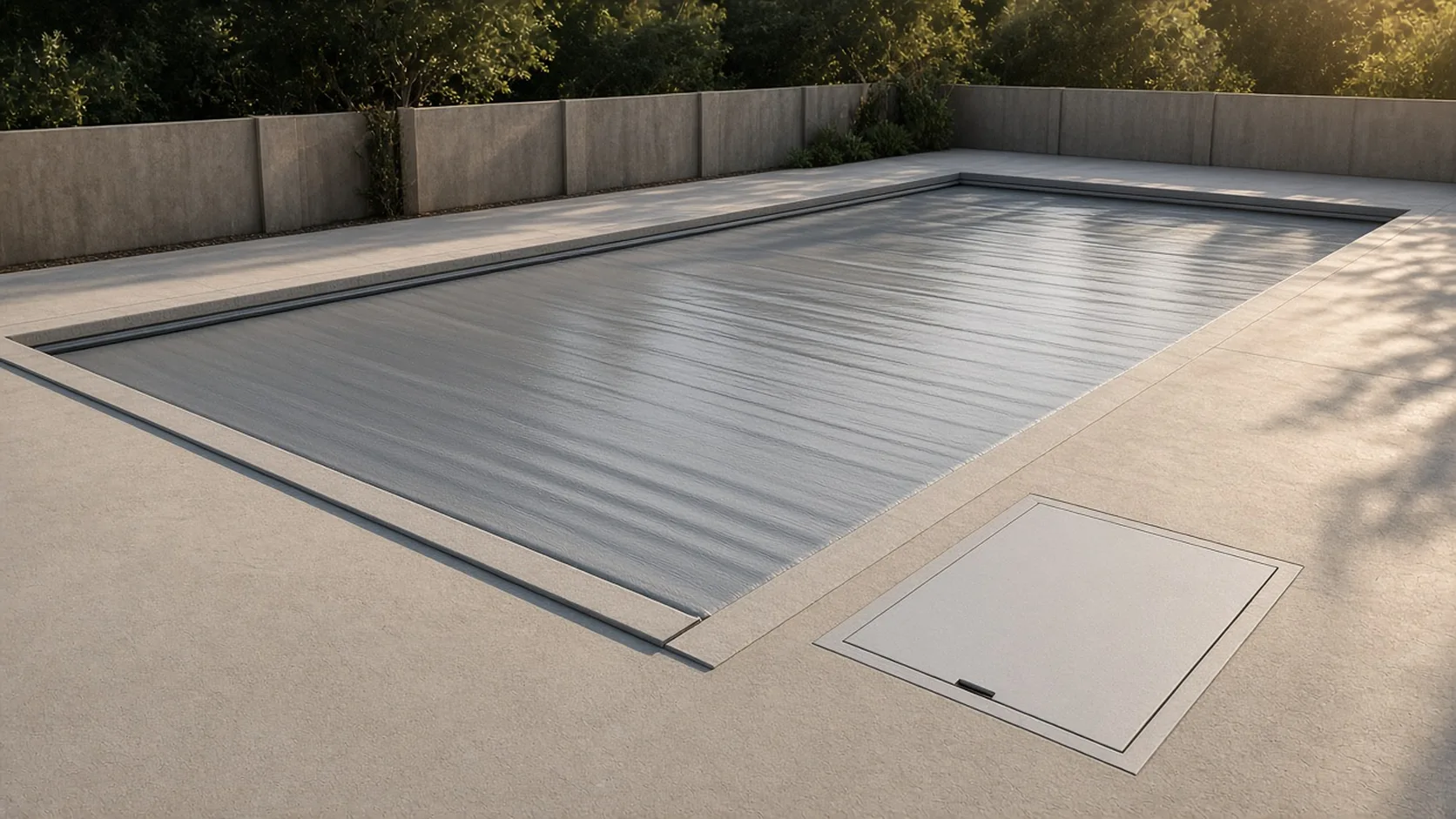 Recessed housing lid set in the deck beside a covered pool