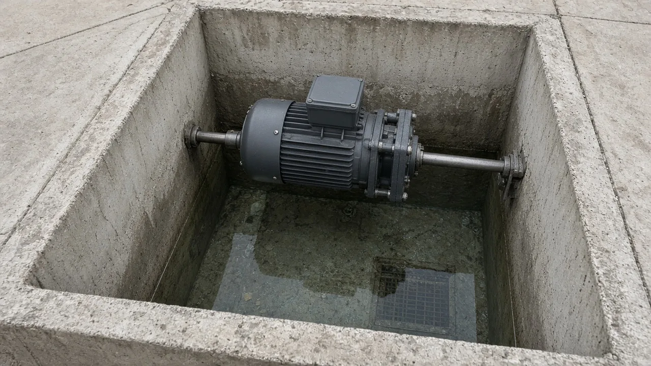 Motor held above standing water in a recessed housing, floor drain still visible
