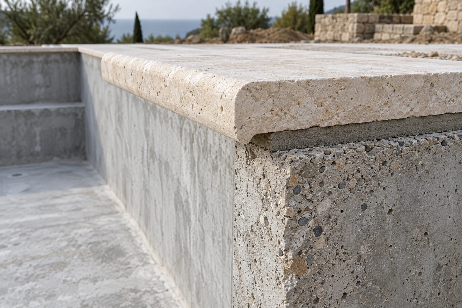 Pale stone coping projects over a gray mortar bed and rough concrete pool wall.
