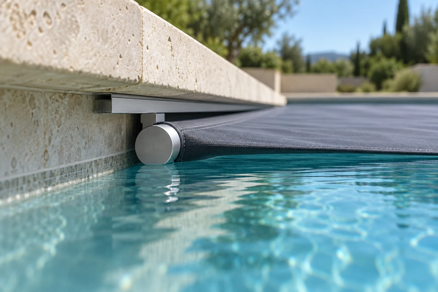 Leading-edge bar and gray cover fabric pass below a metal guide and stone coping beside the pool water.