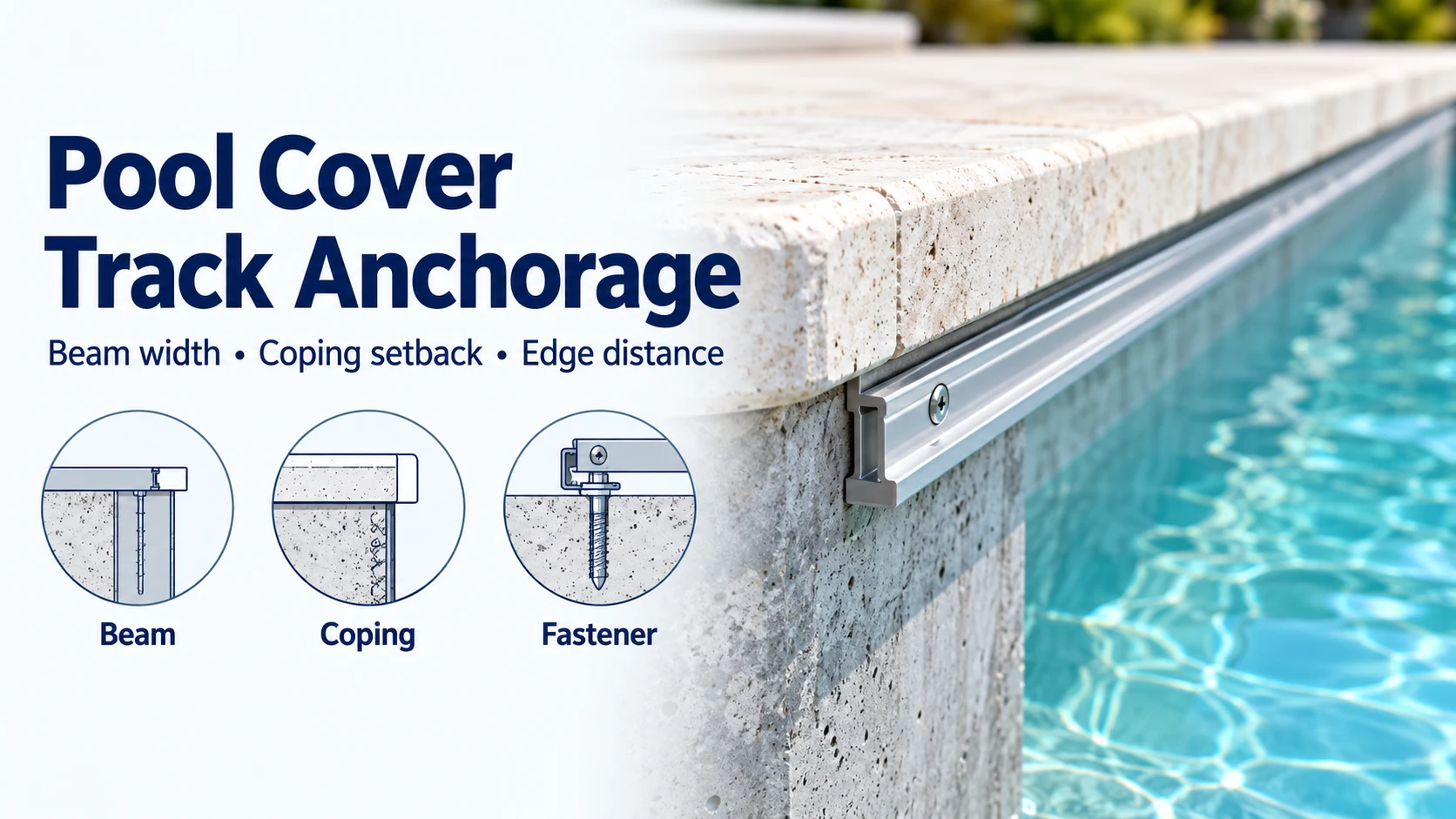 Pool Cover Track Anchorage banner with Beam, Coping and Fastener badges beside a pool-edge guide.