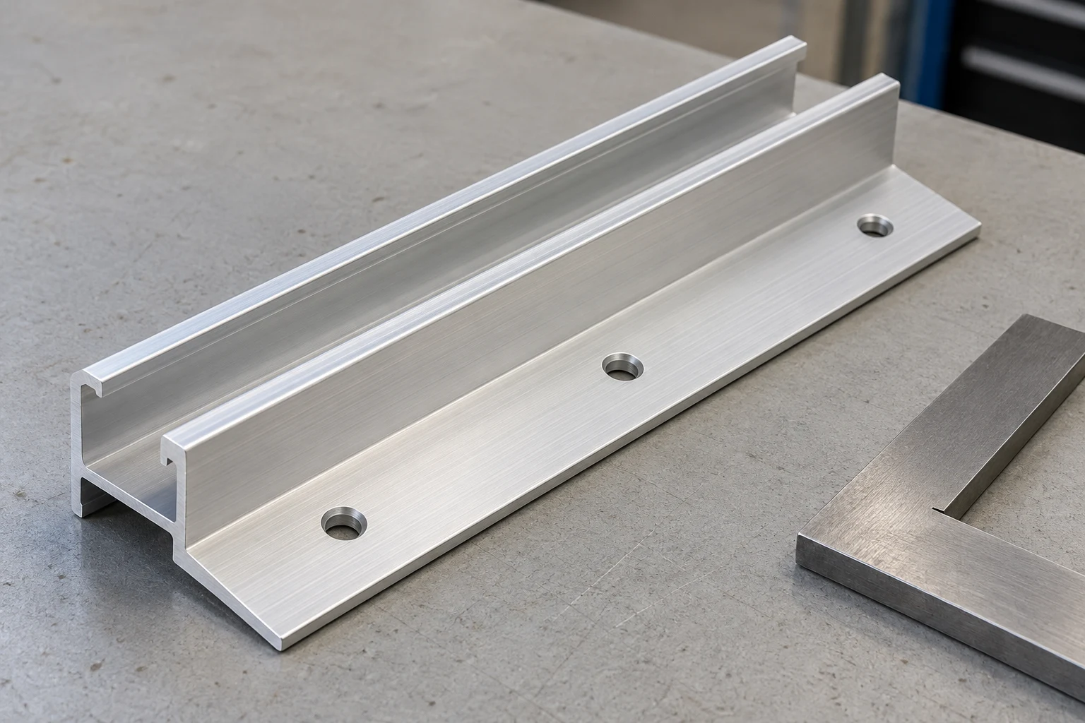 Aluminum guide profile with a flat flange and a row of three mounting holes beside a metal square.