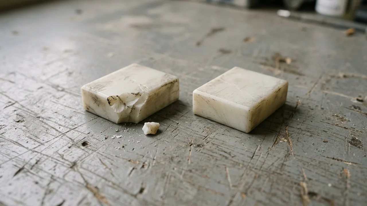Two pale guide blocks on a gray bench, with a chipped edge and loose fragment beside one