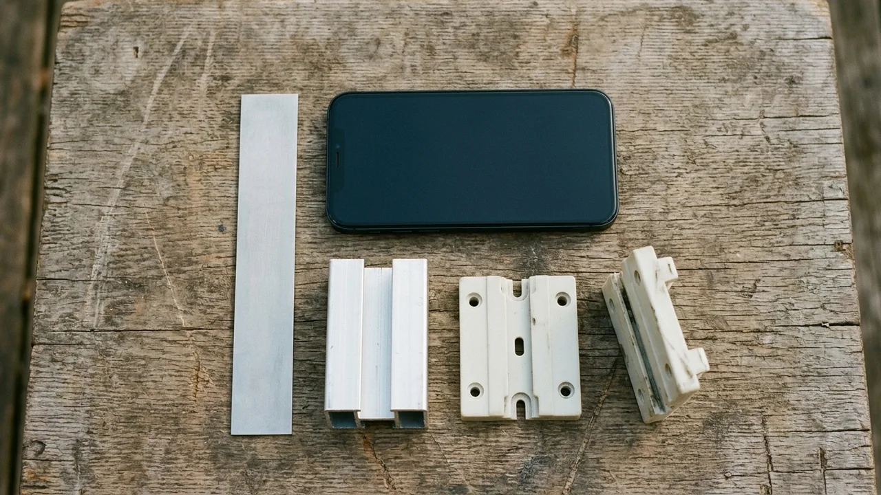 Separate pale guide components, an aluminum track sample and a dark-screen phone on a workbench