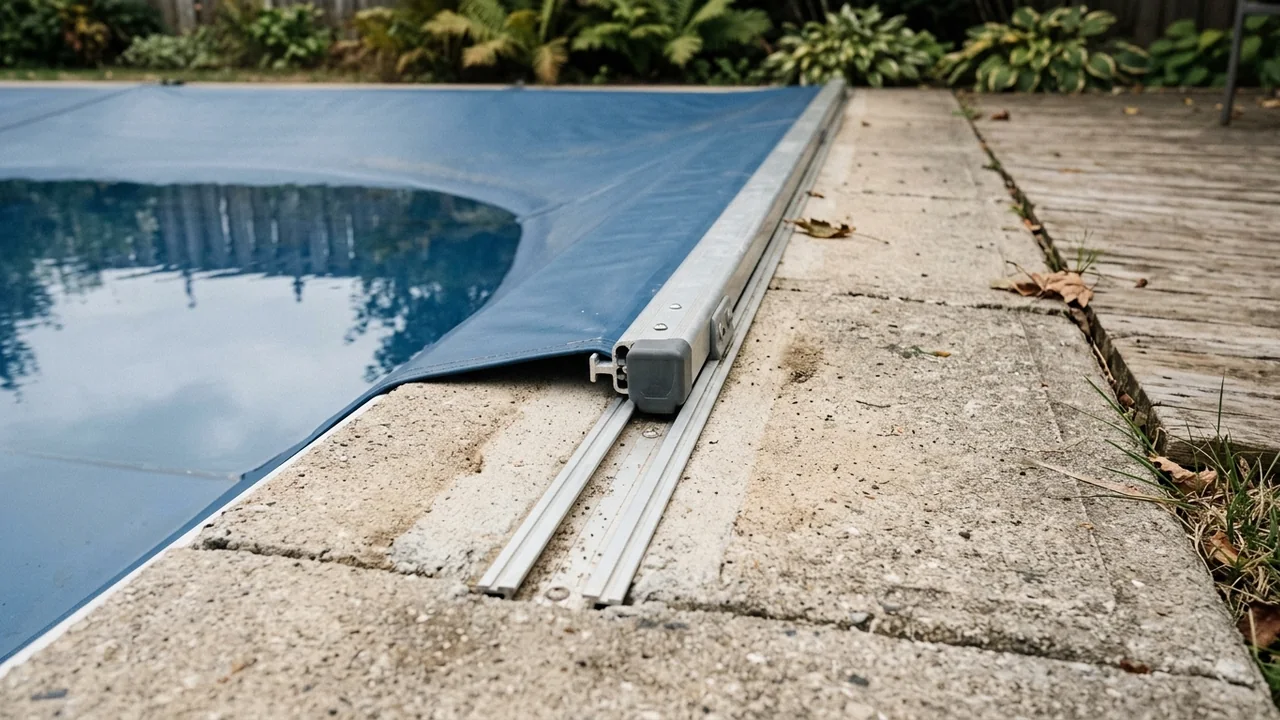 Blue pool cover beside a narrow aluminum track on a weathered pool deck
