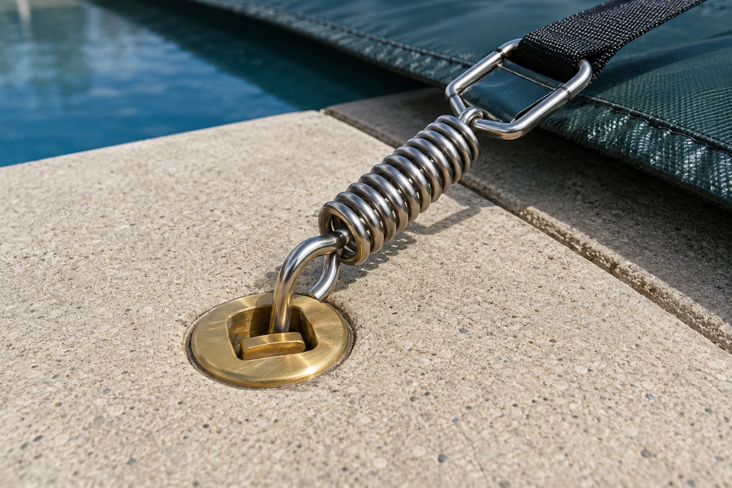 Illustrative photo of a brass deck anchor connected by a metal spring and buckle to a black strap at the pool cover edge, with pool water behind it; not an installation or pull-out test.