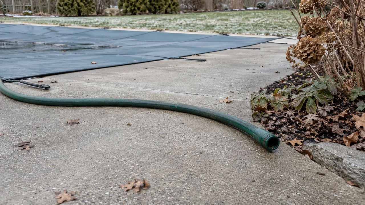An open green hose end lies on a concrete deck beside a covered pool and dormant plants.