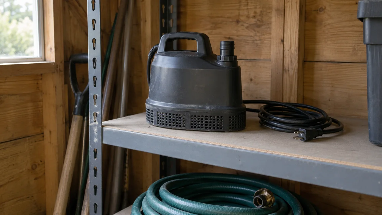 A dark portable pump sits on a shelf with its unplugged cord beside it and a separate hose below.