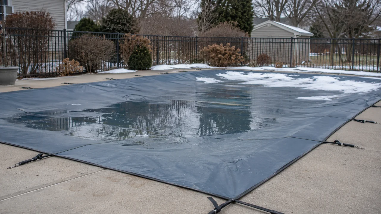 Liquid water pools on a gray-blue cover with patches of melting snow along the far edge.