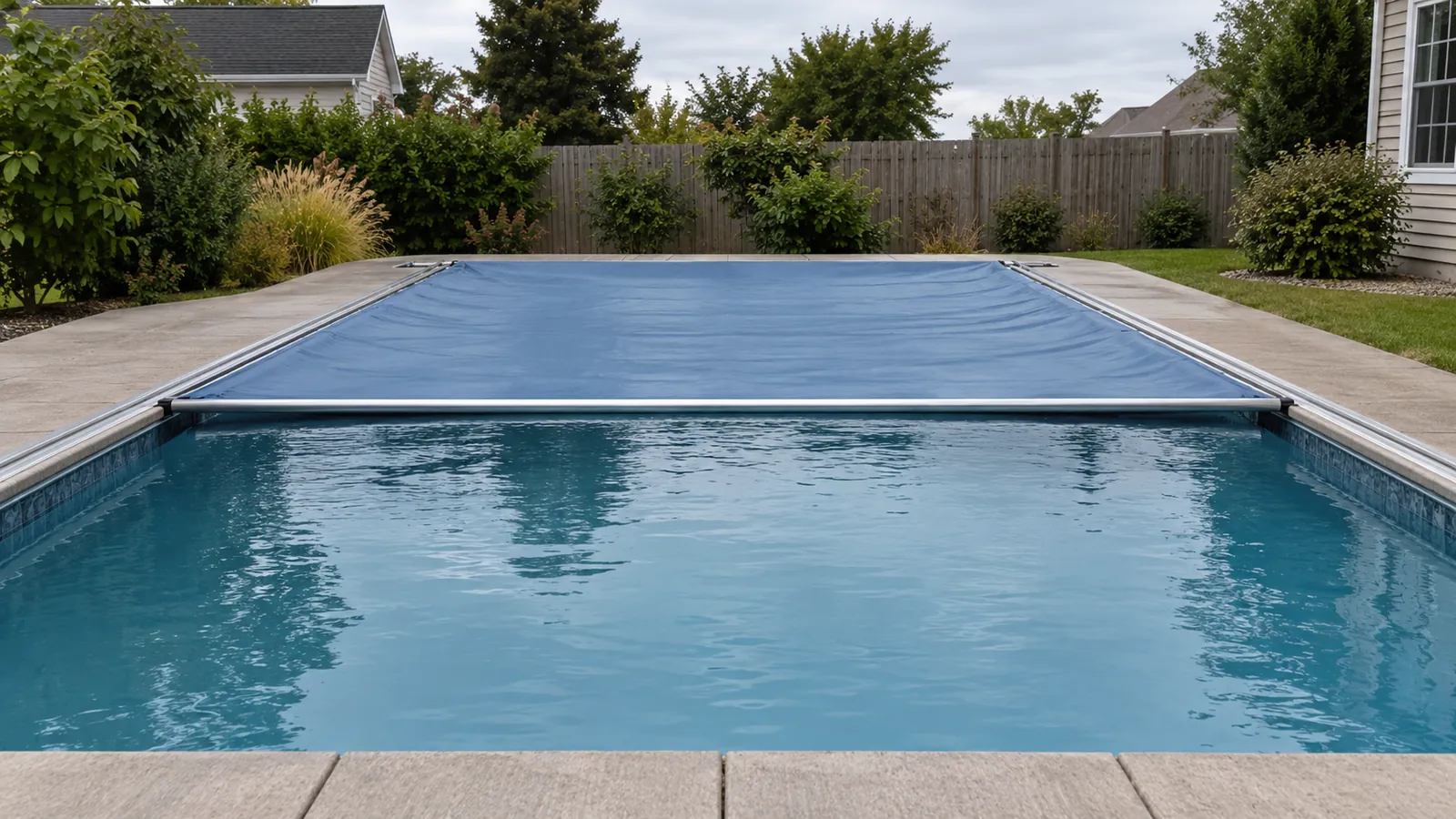 Illustration of a partially closed automatic pool cover and its leading edge; observe from the dry deck