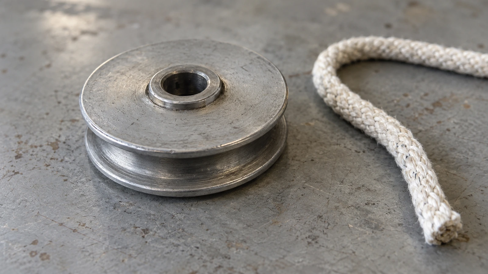 Illustration of a detached grooved pulley beside braided rope