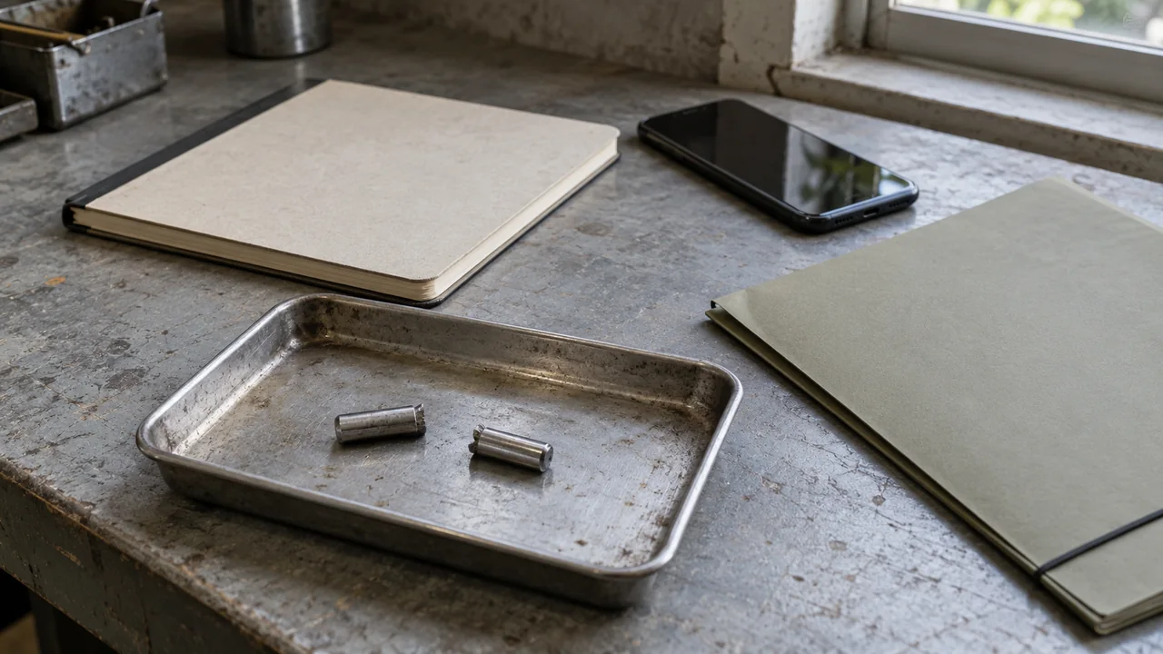 Two separate metal pin fragments on a tray beside a blank notebook and dark-screen phone on a workbench.