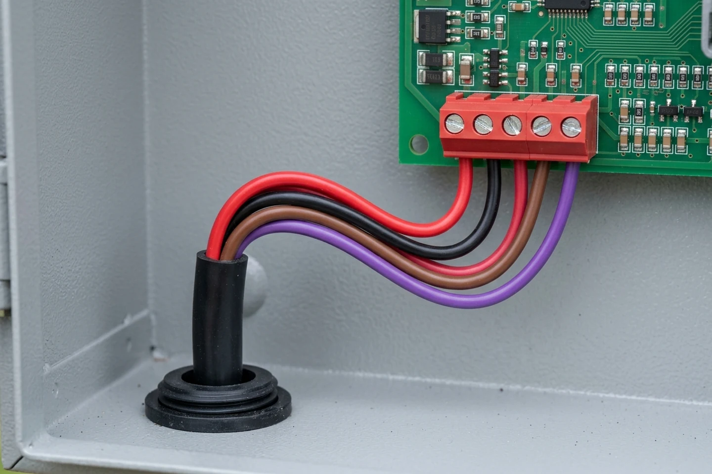 Low-voltage raceway compartment inside a pool automation enclosure showing four-conductor cover sensor wires landed on a terminal block