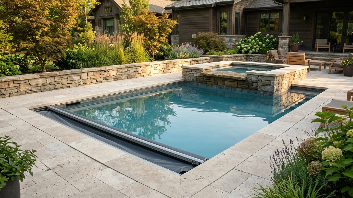 Raised stone spa spillover weir with water flow stopped and automatic pool cover leading edge bar at the coping