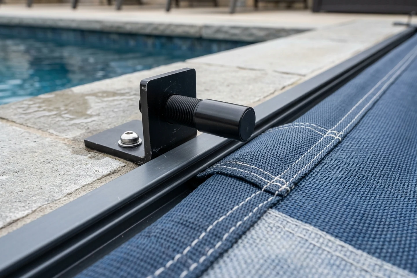 Automatic pool cover guide feed bracket with threaded magnetic proximity sensor head mounted flush above the cover webbing