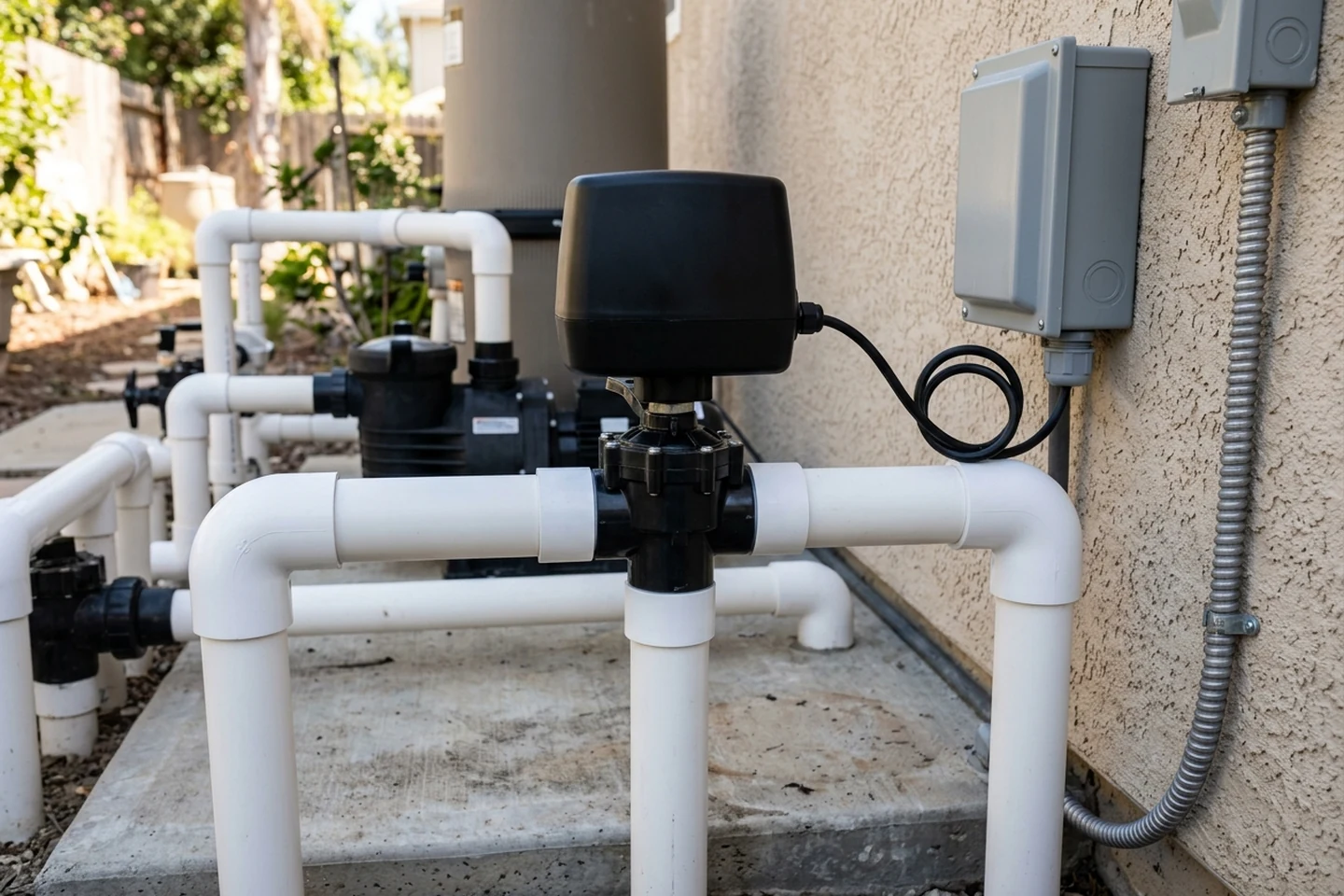 Motorized pool and spa diverter valve actuator on a return manifold wired to a weatherproof electronic relay interrupter box