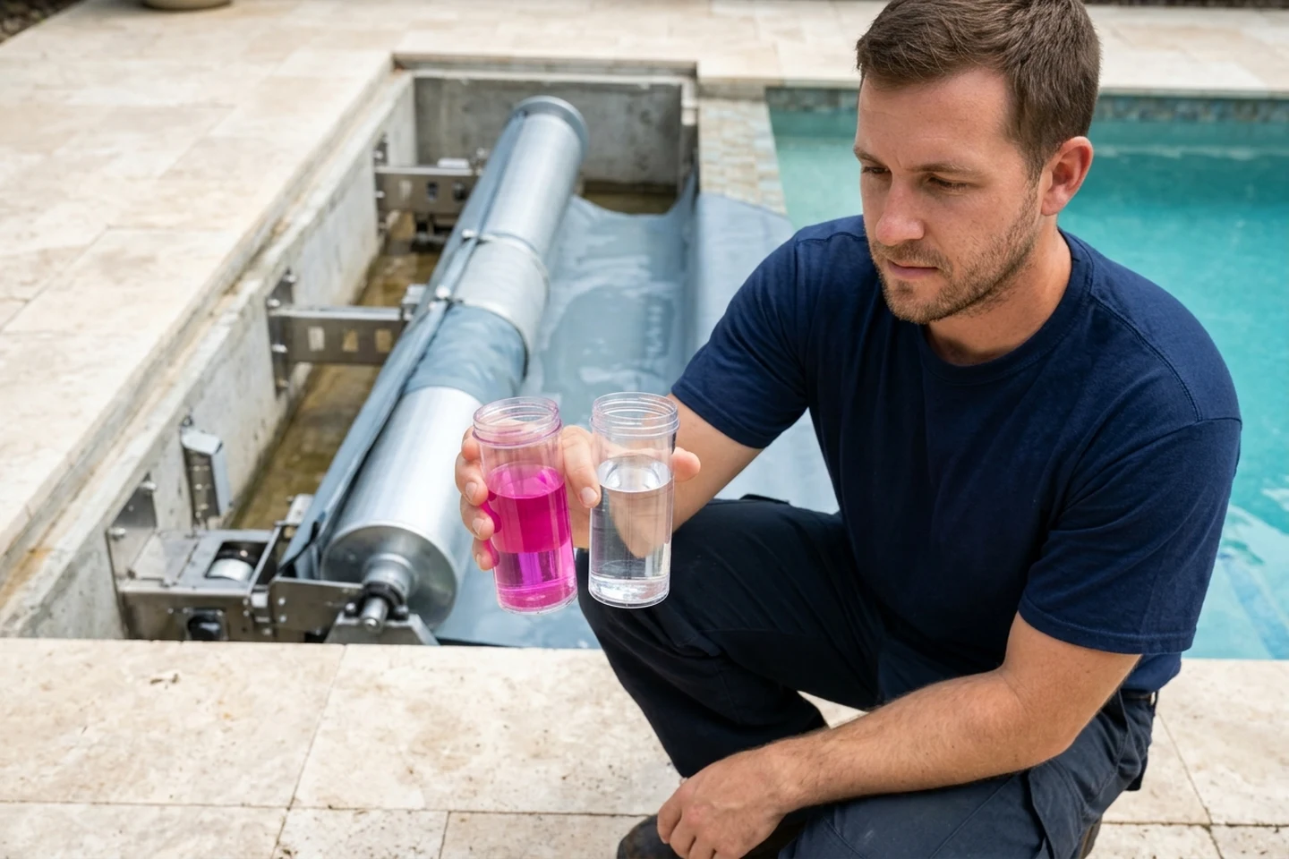 Technician comparing DPD pool water sample and clear cover vault water sample beside open housing
