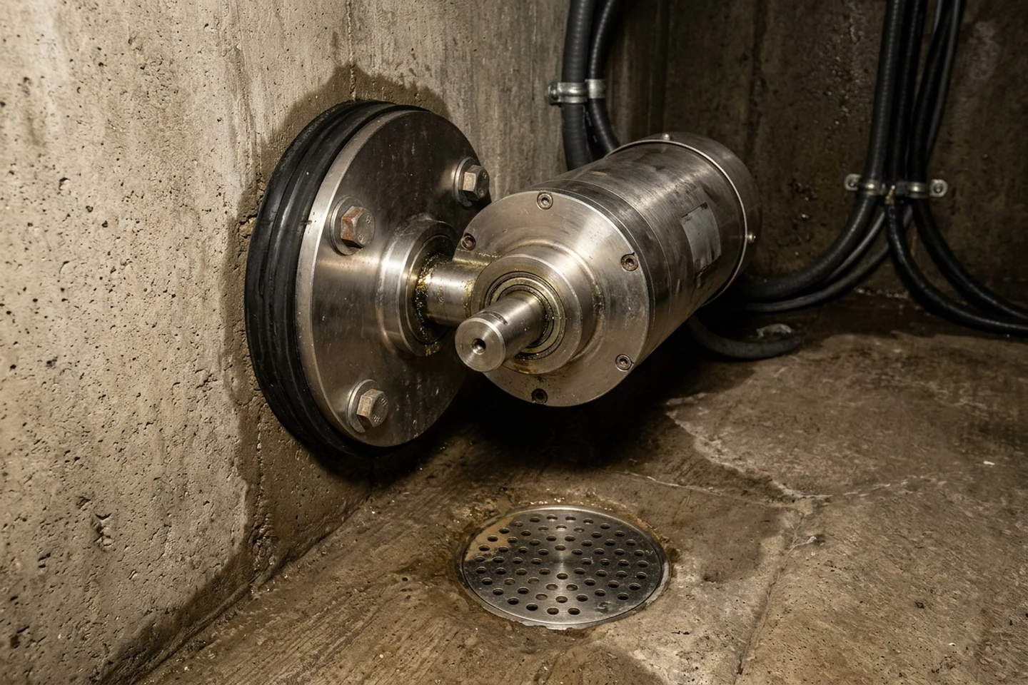 Motor-side dividing-wall flange gasket, greased shaft bearing and recessed housing floor drain