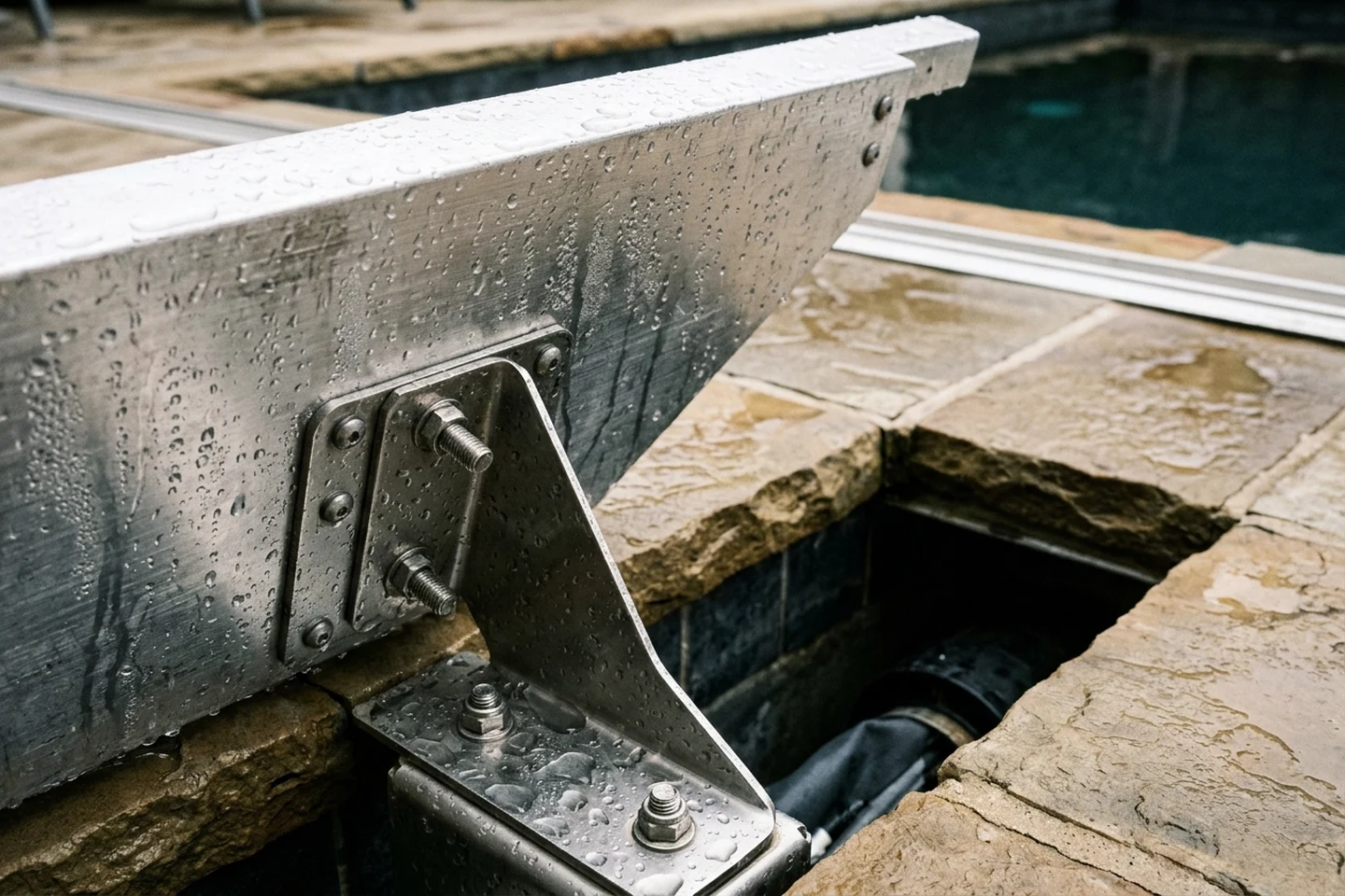 Underside of aluminum pool cover lid and support bracket with condensation droplets