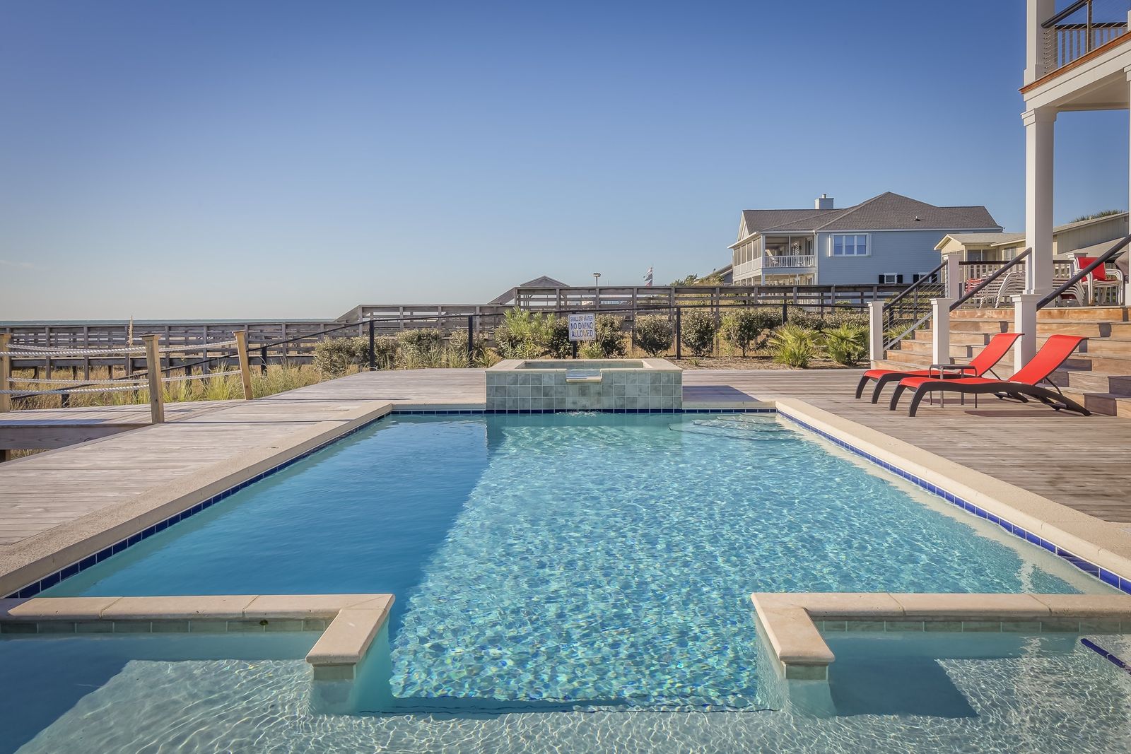Rectangular backyard pool with a finished deck, the usual starting shape for an automatic cover